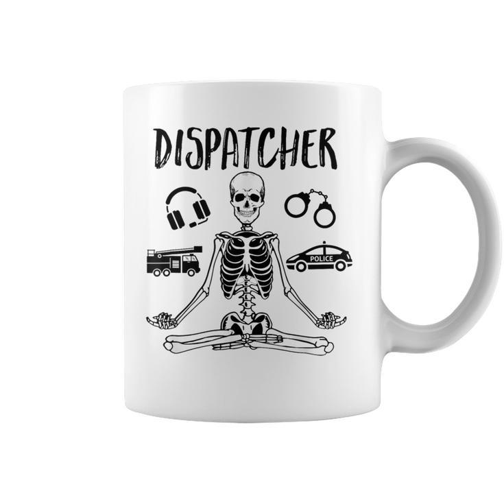 Spooky Dispatcher 911 Halloween Police Skeleton Meditating Coffee Mug