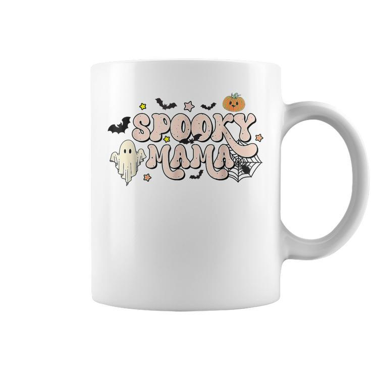 Spooky Mama Groovy Ghost Bat Pumpkin Creepy Retro Halloween Coffee Mug