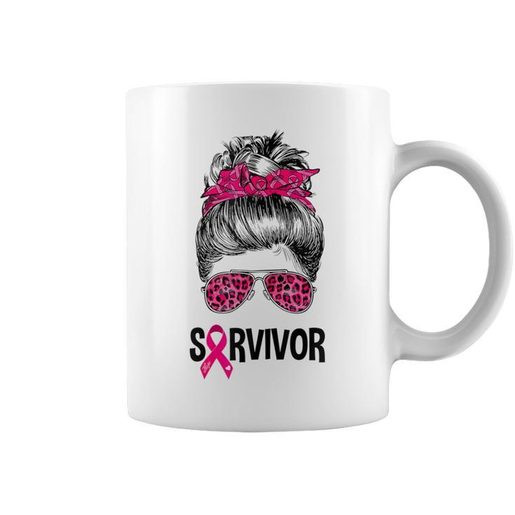 Survivor Messy Bun Pink Ribbon Breast Cancer Awareness Coffee Mug