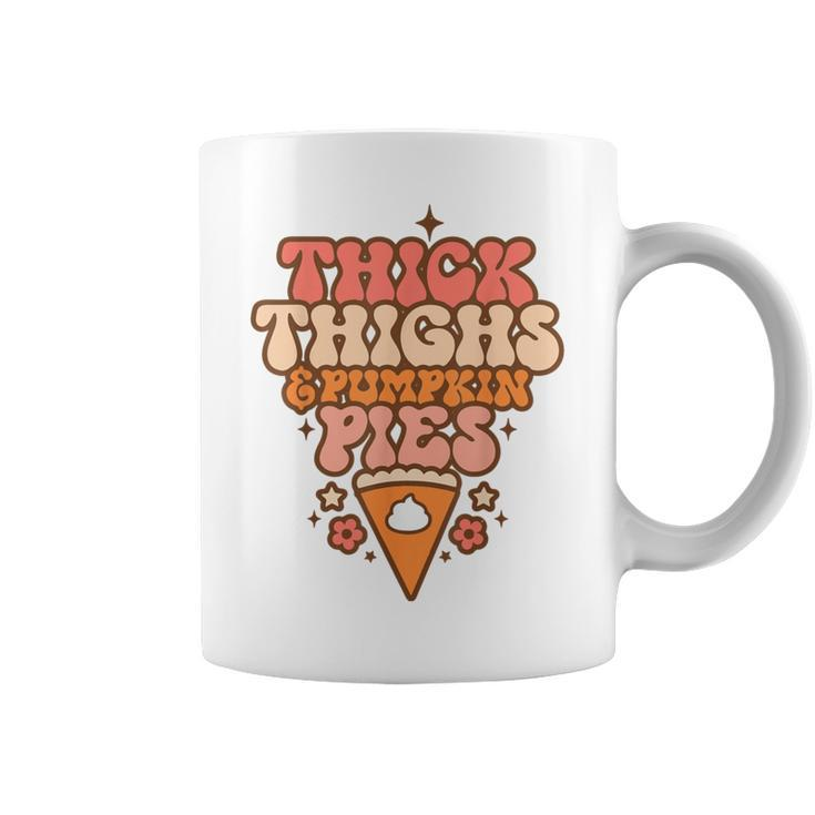 Thick Thighs Pumpkin Pies Autumn Thanksgiving Groovy Retro Coffee Mug