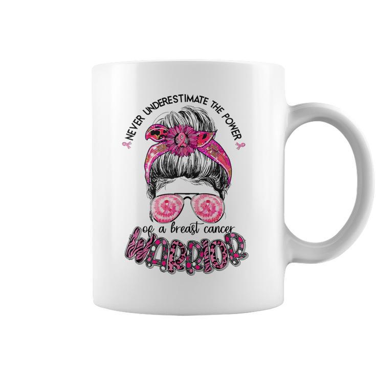 Never Underestimate Breast Cancer Warrior Messy Bun Ribbon Coffee Mug