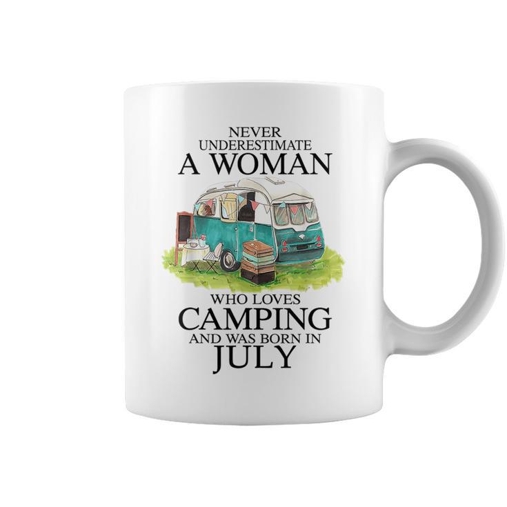 Never Underestimate Who Loves Camping July Coffee Mug