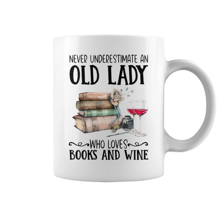 Never Underestimate An Old Lady Who Loves Books And Wine Coffee Mug