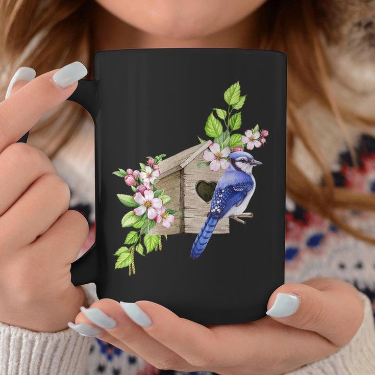 Blue Jay Bird Birdhouse And Pink Blossoms Bird Watching Coffee Mug Unique Gifts