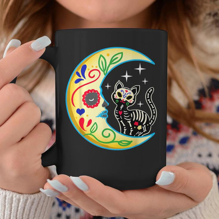 Cat & Moon Sugar Skull Dia De Los Muertos Day Of The Dead Coffee Mug Funny Gifts