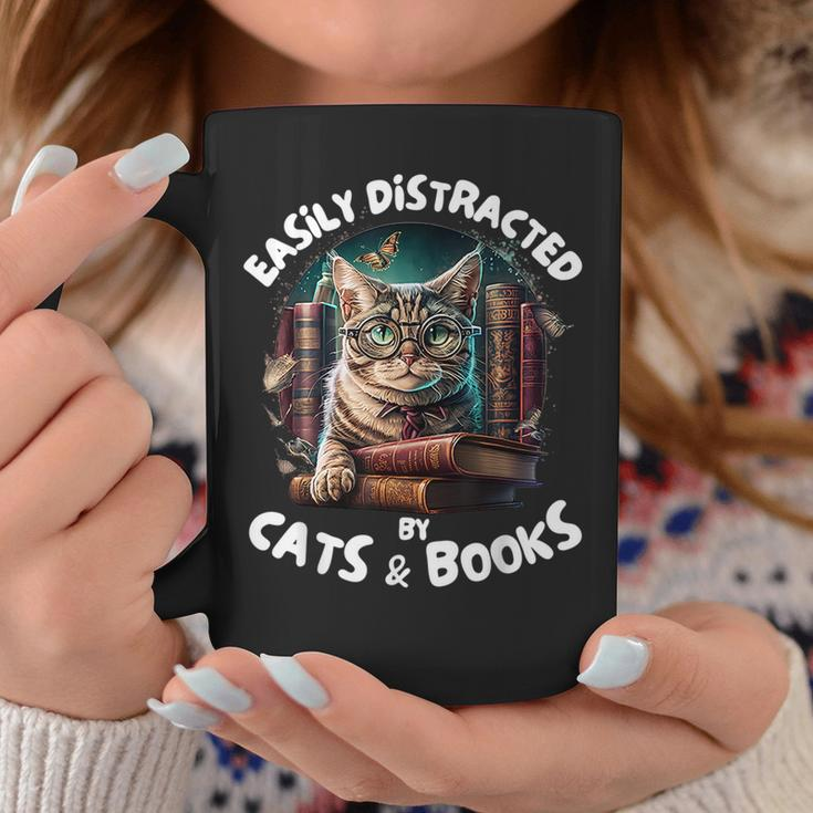 Easily Distracted By Cats And Books Librarians Bibliophiles Coffee Mug Unique Gifts