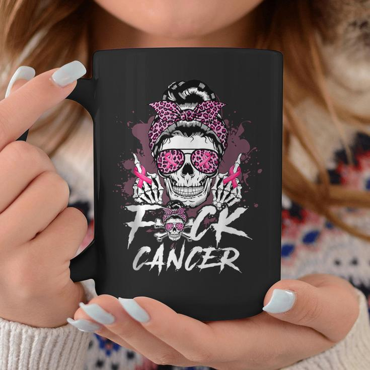 Fuck Breast Cancer Warrior Pink Ribbon Messy Bun Hair Coffee Mug Unique Gifts
