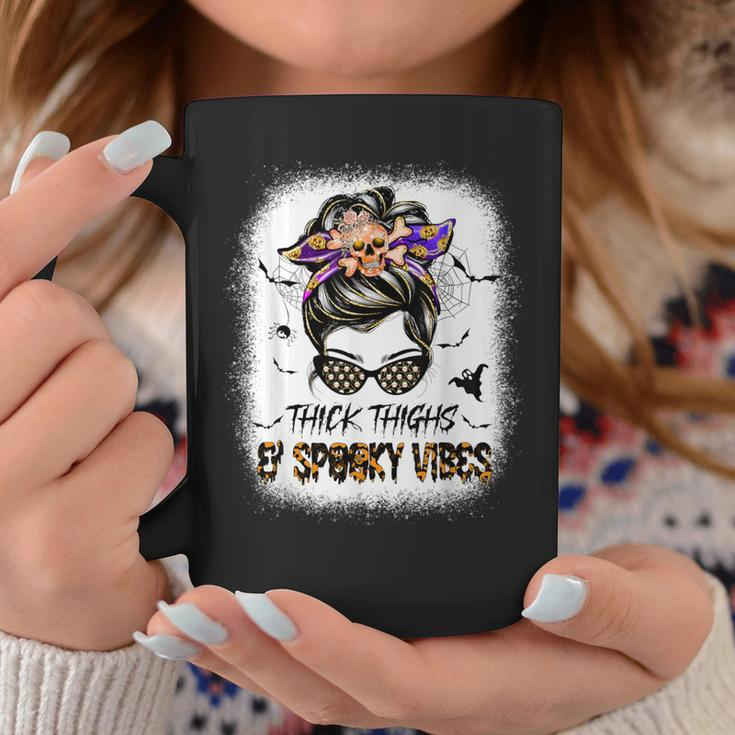 Thicks Thighs Spooky Vibes Skull Messy Bun Halloween Coffee Mug Personalized Gifts