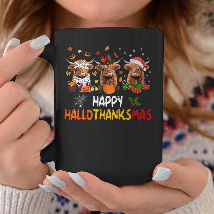 Happy Hallothanksmas Highland Cow Print Halloween Christmas Coffee Mug Funny Gifts
