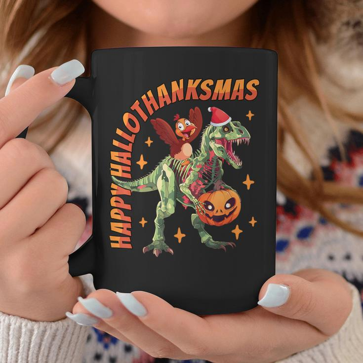 Happy Hallothanksmas T-Rex Halloween Thanksgiving Christmas Coffee Mug Unique Gifts