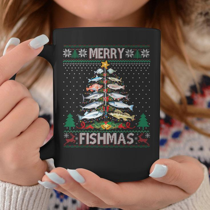 Merry Fishmas Ugly Sweater Fish Fishing Rod Christmas Tree Coffee Mug Unique Gifts