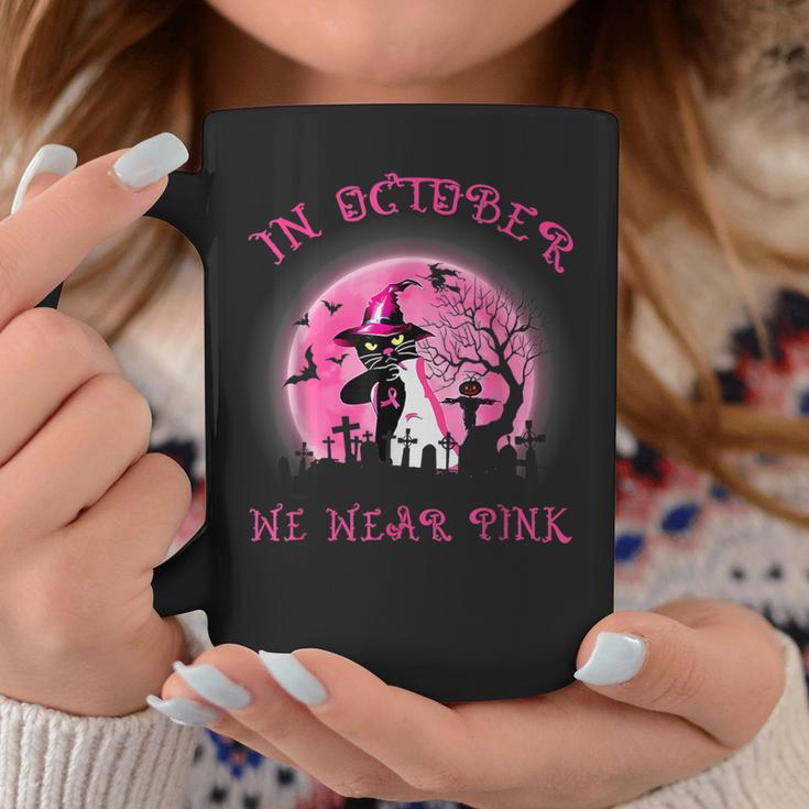 In October We Wear Pink Cat Witch Breast Cancer Halloween Coffee Mug Unique Gifts