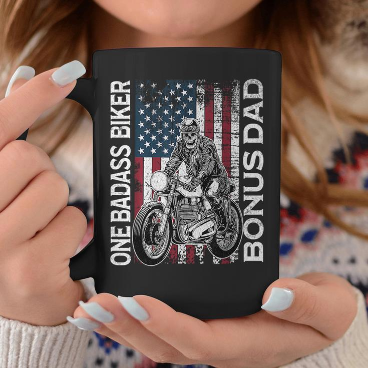 One Badass Biker Bonus Dad Grunge American Flag Skeleton Funny Gifts For Dad Coffee Mug Unique Gifts
