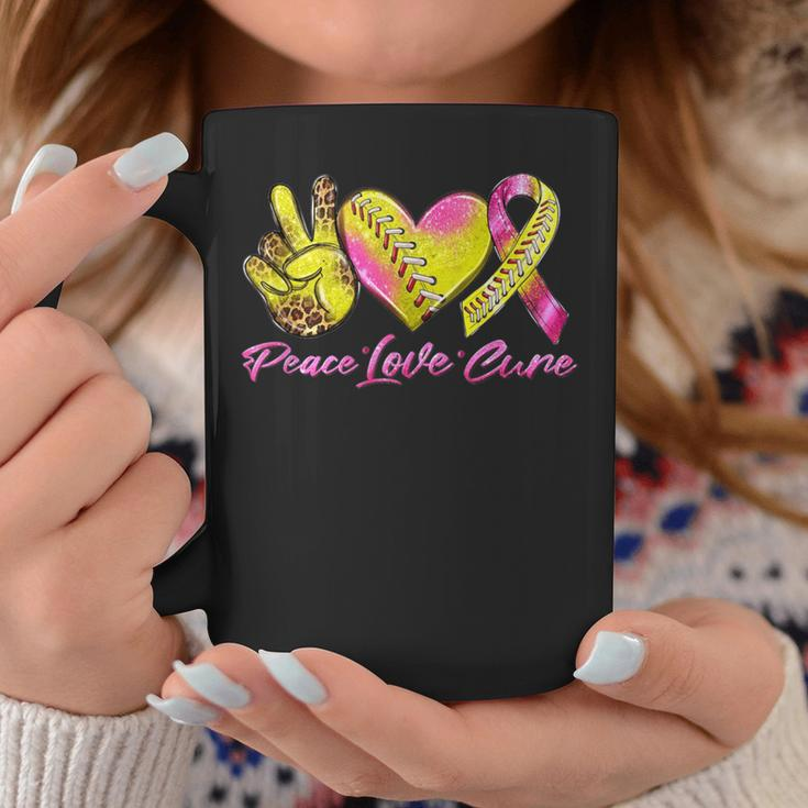Peace Love Cure Pink Ribbon Softball Breast Cancer Awareness Coffee Mug Funny Gifts