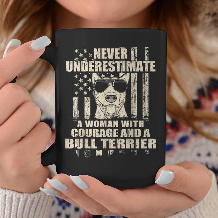 Never Underestimate Woman And A Bull Terrier Usa Flag Coffee Mug Personalized Gifts
