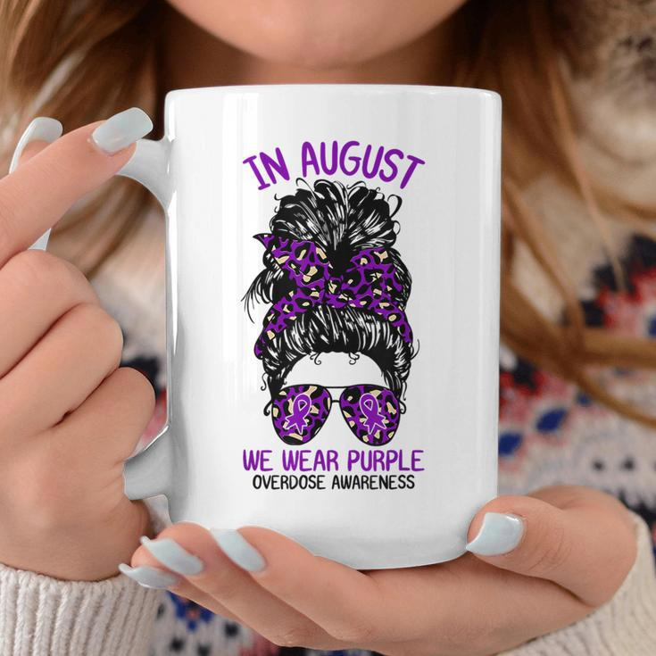 In August We Wear Purple Ribbon Overdose Awareness Messy Bun Coffee Mug Unique Gifts