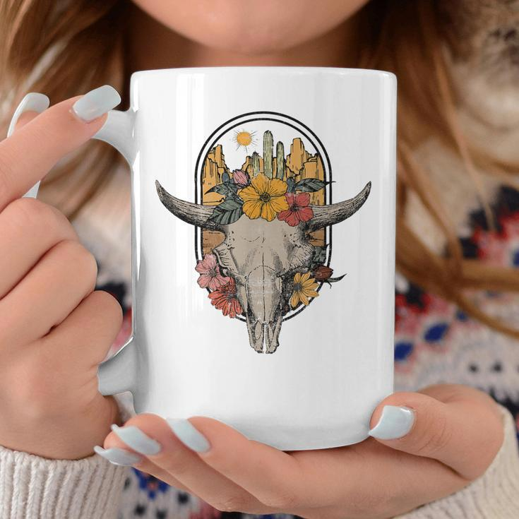 Country Retro Vintage Boho Cow Bull Skull With Cactus Floral Coffee Mug Unique Gifts
