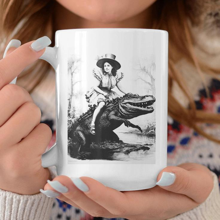 Girl Riding Alligator | Weird Funny Florida Crocodile Meme Coffee Mug Personalized Gifts