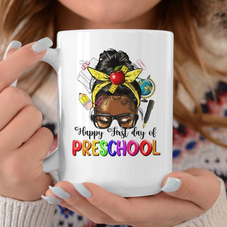 Happy First Day Of Preschool Afro Teacher Pre-K Messy Bun Coffee Mug Unique Gifts