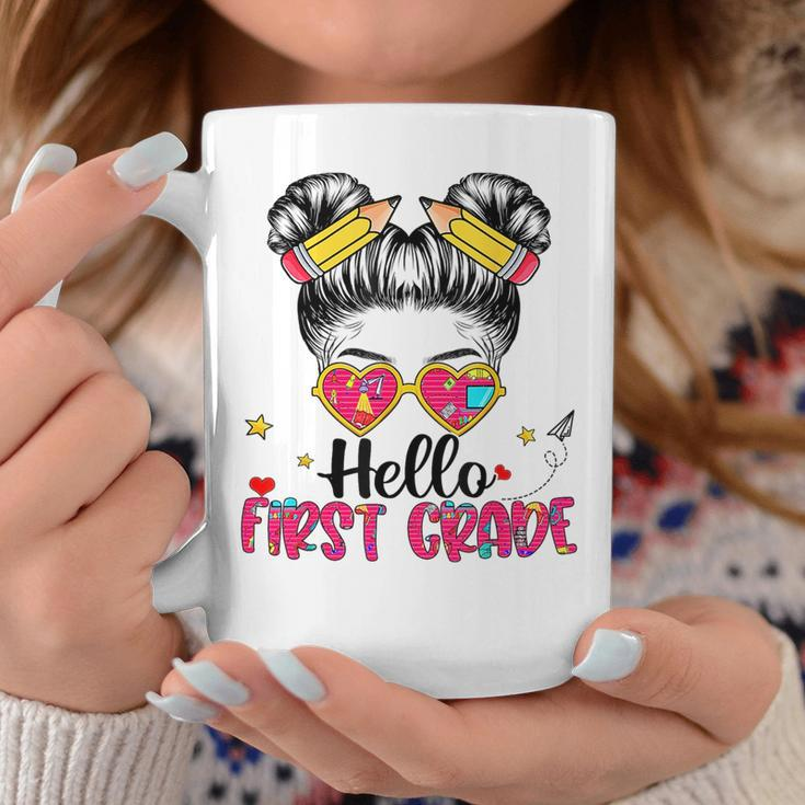 Hello First Grade Messy Bun Girl Back To School First Day Coffee Mug Unique Gifts