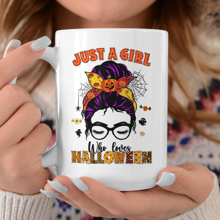 Just A Girl Who Loves Halloween Scary Messy Bun Costume Coffee Mug Unique Gifts
