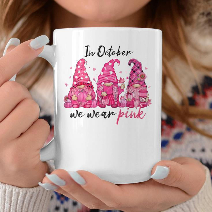 In October We Wear Pink Gnomes Breast Cancer Halloween Coffee Mug Personalized Gifts