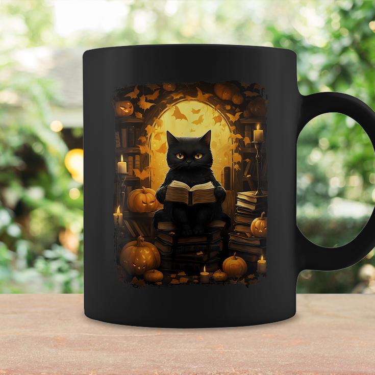 Black Cat Reading Books Pumpkin Autumn Teachers Halloween Coffee Mug Gifts ideas