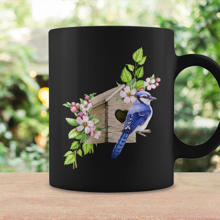 Blue Jay Bird Birdhouse And Pink Blossoms Bird Watching Coffee Mug Gifts ideas