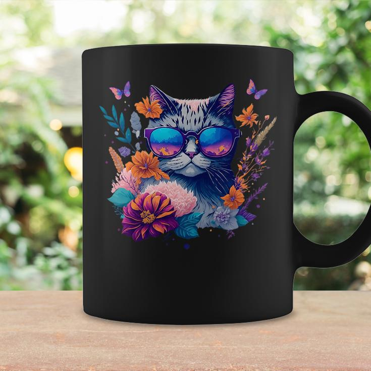 Cute Cat With Sunglasses Flowers & Butterflies Design Coffee Mug Gifts ideas