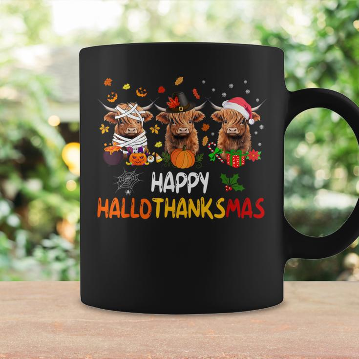 Happy Hallothanksmas Highland Cow Print Halloween Christmas Coffee Mug Gifts ideas