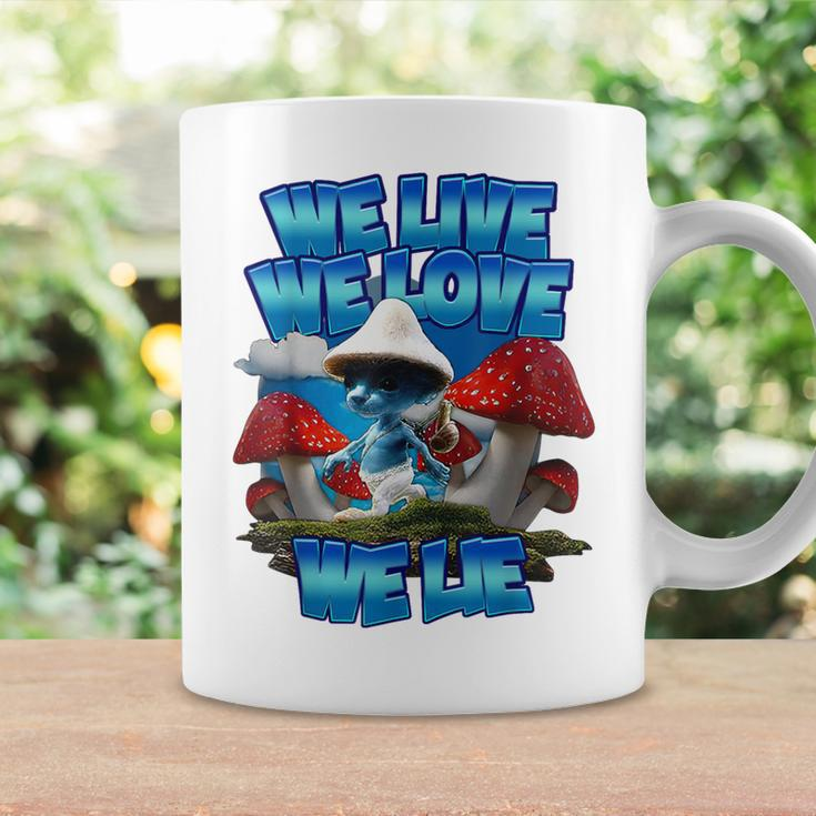 We Live We Love We Lie Blue Mushroom Cat Trendy Meme Coffee Mug Gifts ideas