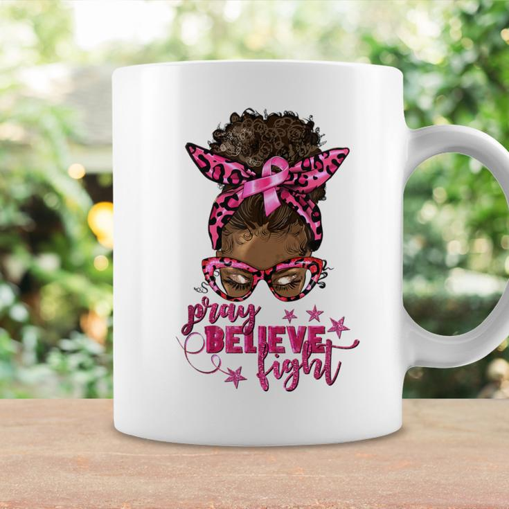Pray Believe Fight Breast Cancer Afro Messy Bun Coffee Mug Gifts ideas