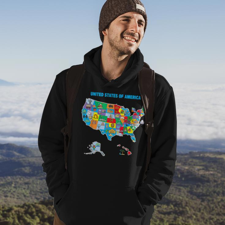 Colorful United States Of America Map Us Landmarks Icons Hoodie Lifestyle