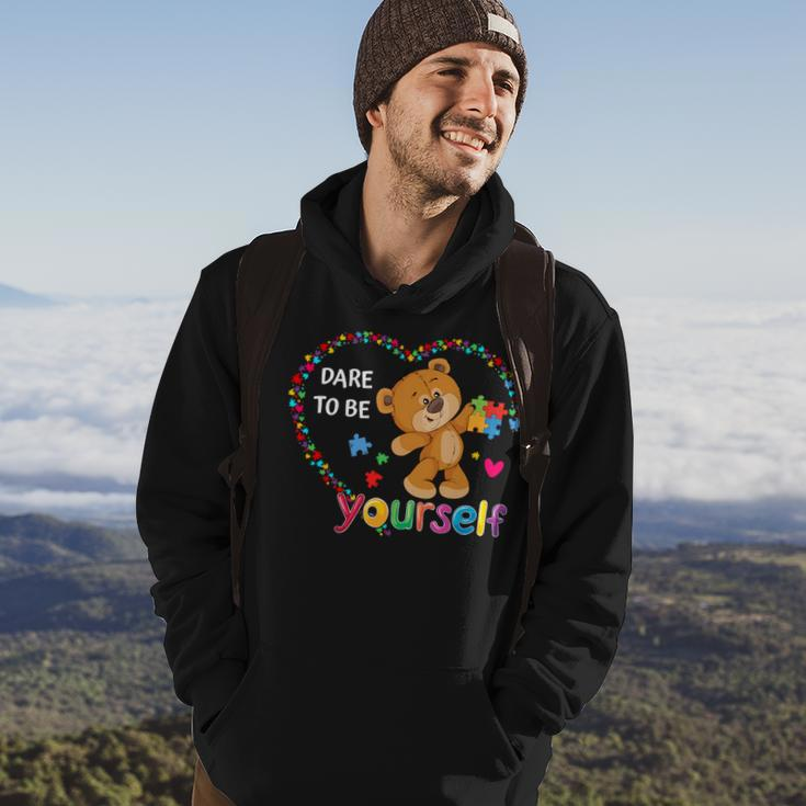 Dare To Be Yourself Autism Awareness Bear Heart Puzzle Piece Hoodie Lifestyle
