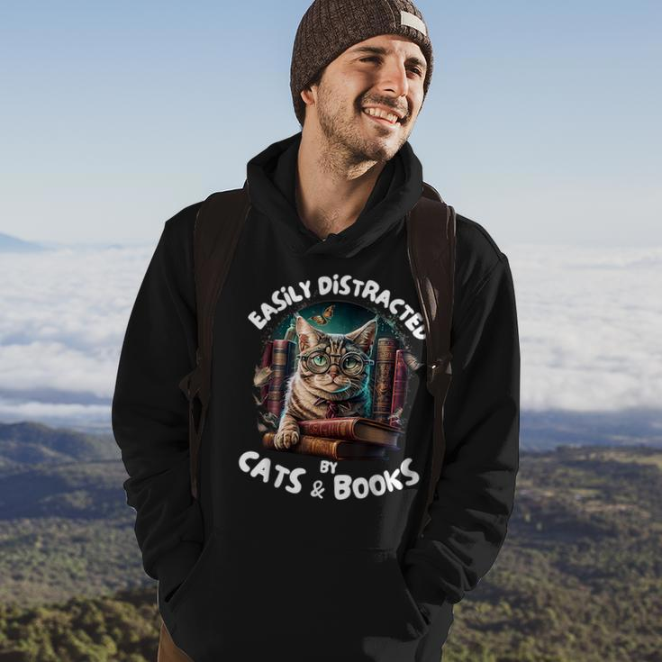 Easily Distracted By Cats And Books Librarians Bibliophiles Hoodie Lifestyle