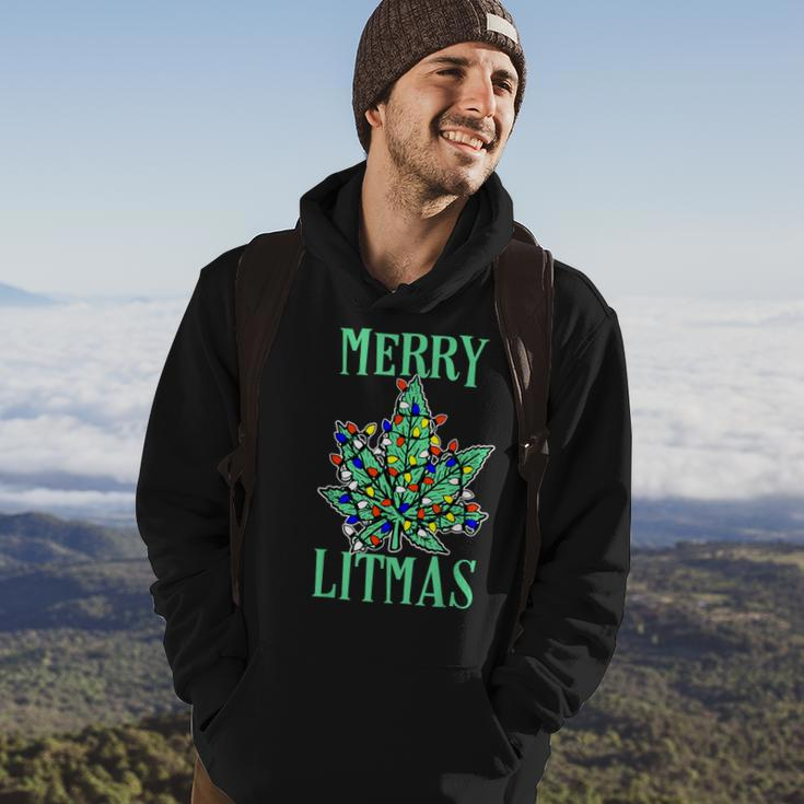 Merry Litmas Pot Leaf Christmas Tree Lights Marijuana Hoodie Lifestyle