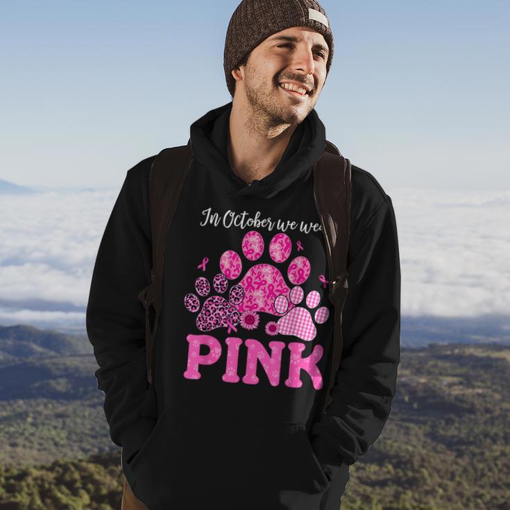 In October We Wear Pink Dog Cat Paw Breast Cancer Awareness Hoodie Seseable UK