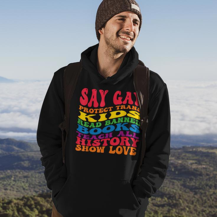Say Gay Protect Trans Kids Read Banned Books Groovy Hoodie Lifestyle