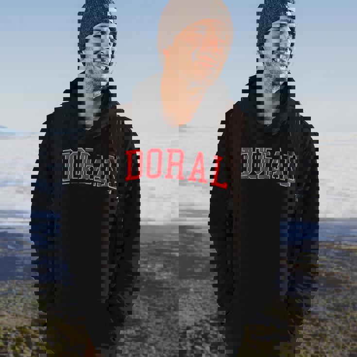 Vintage Doral Fl Varsity Style Red Text Hoodie Lifestyle