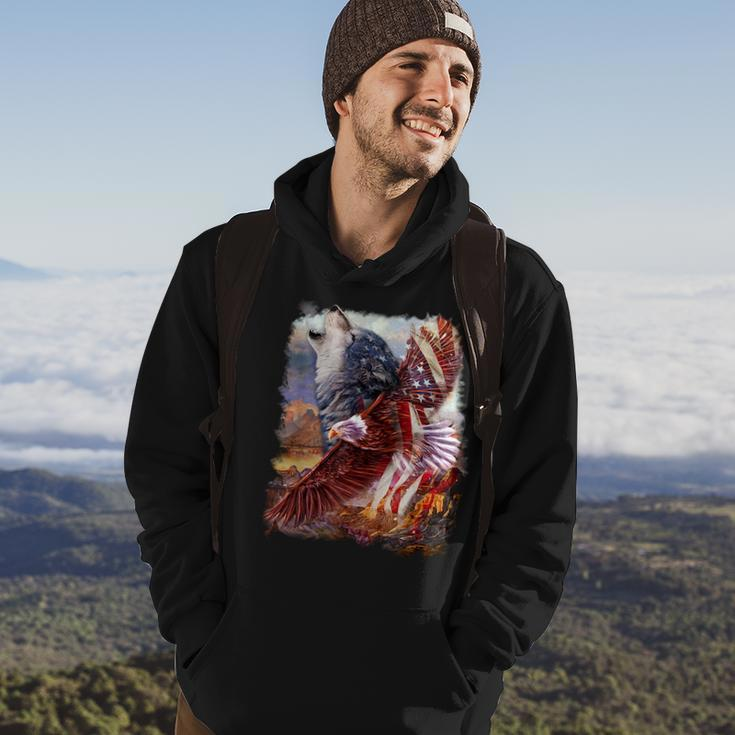 Wolf With Bald Eagle American Flag Hoodie Lifestyle