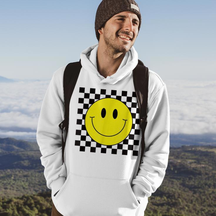 70S Yellow Smile Face Cute Checkered Smiling Happy Hoodie Lifestyle