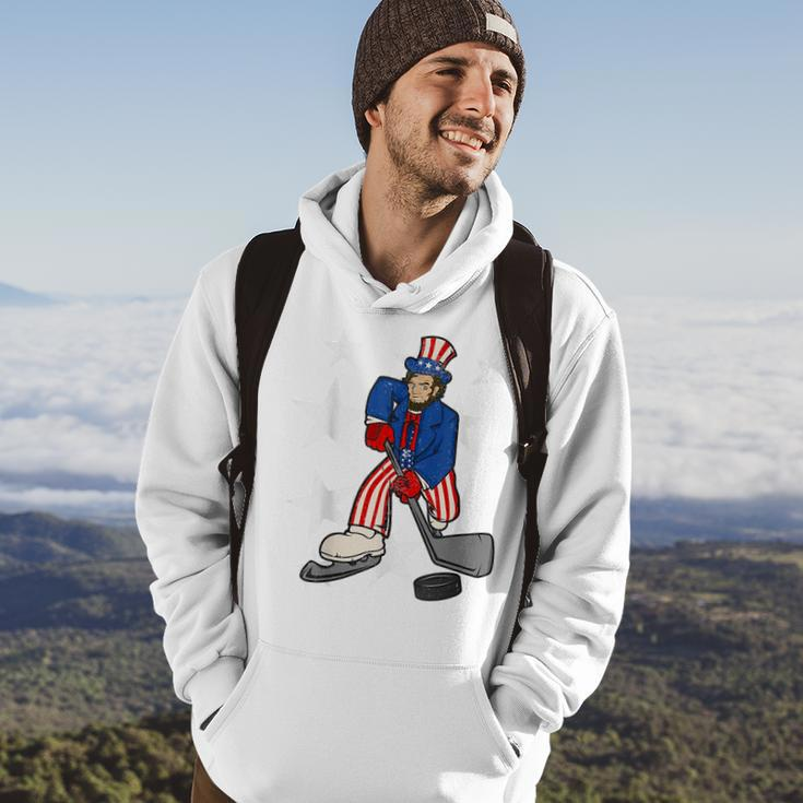 Abraham Lincoln Playing Hockey Funny 4Th Of July Hockey Hoodie Lifestyle