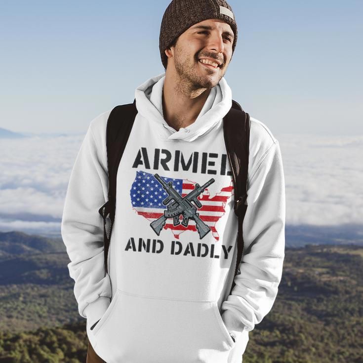 Funny Fathers Day Pun Us Flag Deadly Dad Armed And Dadly Hoodie Lifestyle