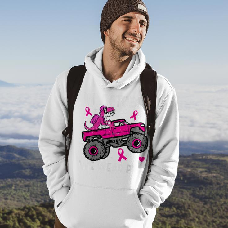 In October Wear Pink Breast Cancer Awareness Dinosaur Truck Hoodie Lifestyle