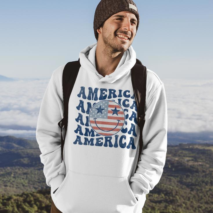 Retro Groovy America Usa Smile Face Patriotic 4Th Of July Patriotic Funny Gifts Hoodie Lifestyle
