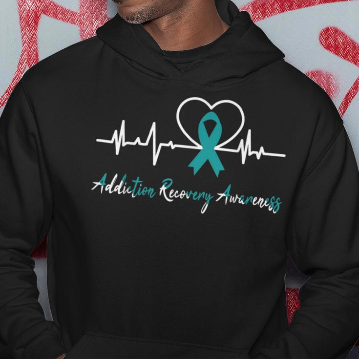 Addiction Recovery Awareness Heartbeat Teal Ribbon Support Hoodie Unique Gifts