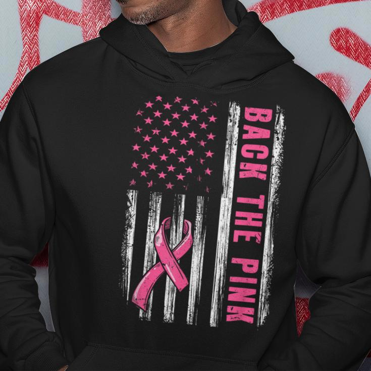 Back The Pink Ribbon American Flag Breast Cancer Awareness Hoodie Funny Gifts