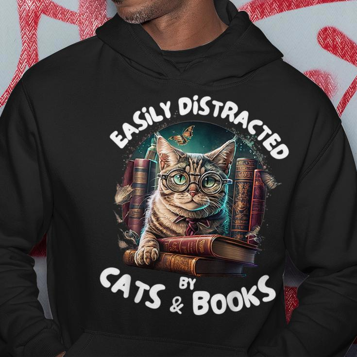 Easily Distracted By Cats And Books Librarians Bibliophiles Hoodie Unique Gifts