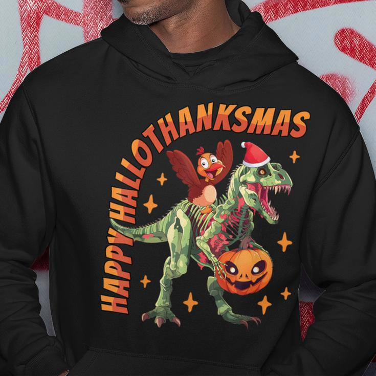 Happy Hallothanksmas T-Rex Halloween Thanksgiving Christmas Hoodie Unique Gifts