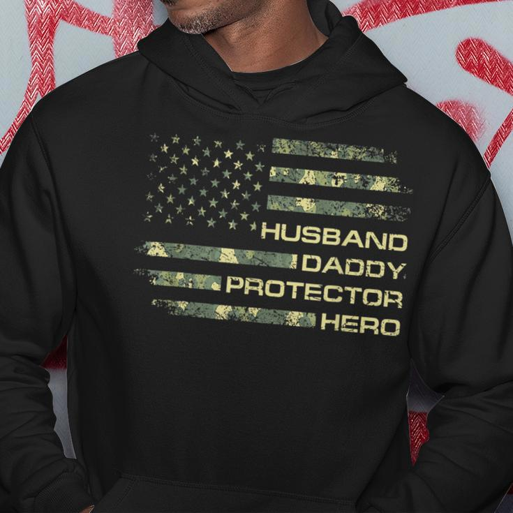 Husband Daddy Protector Hero Fathers Day Camo American Flag Hoodie Funny Gifts